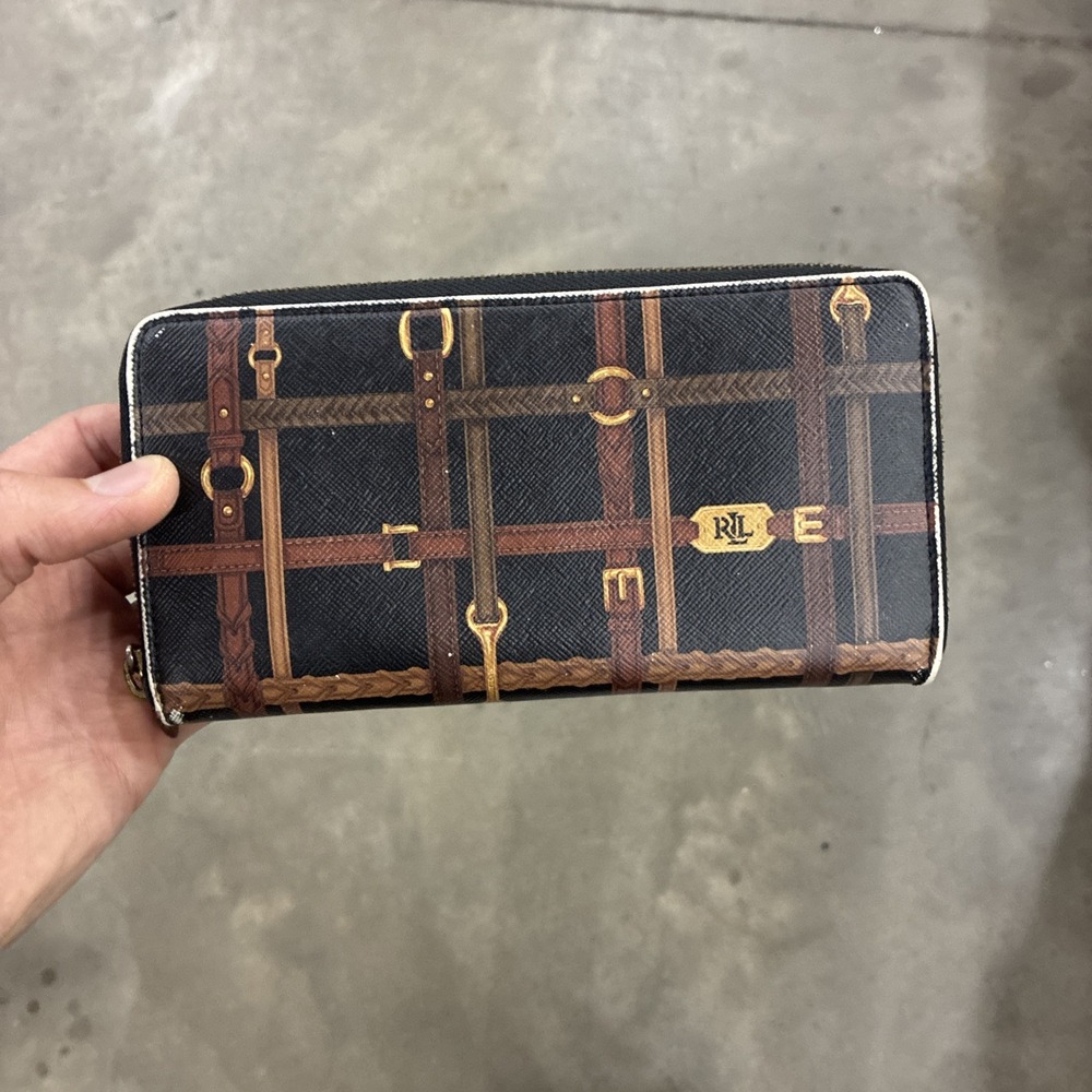 Lauren Ralph Lauren Equestrian Horse Bit Belt Print Zip Around Wallet Preowned